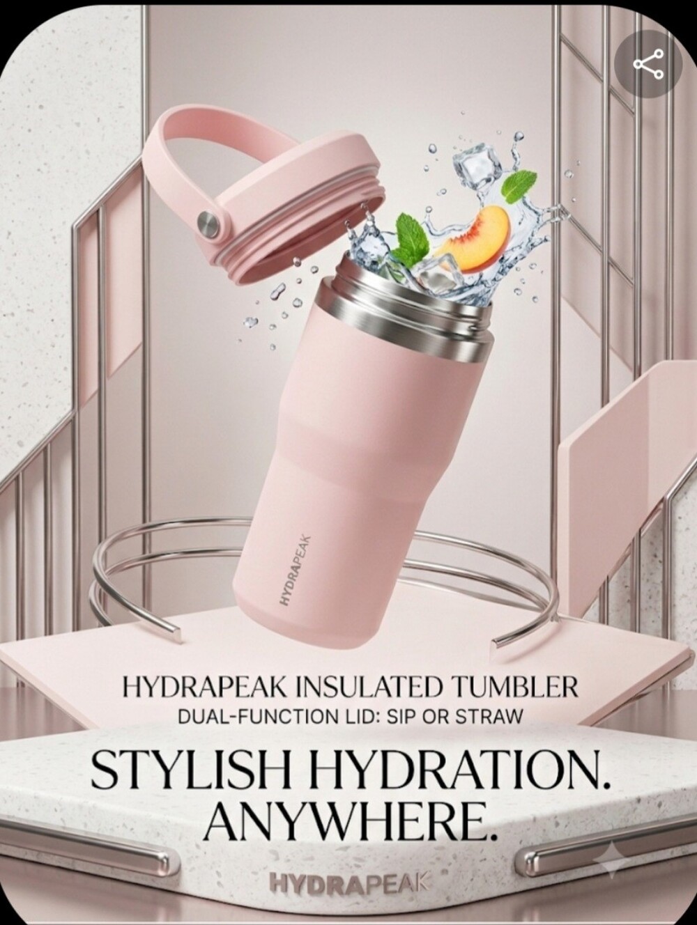 HydraPeak Pink Insulated Tumbler with Carry Handle